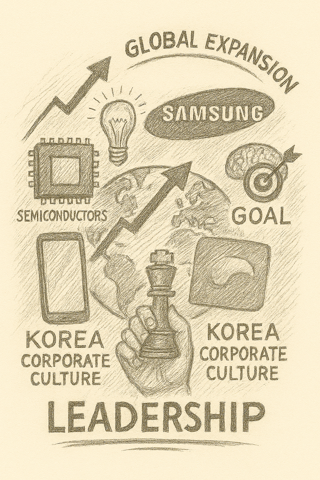 삼성의 글로벌 성장과 한국 기업 문화에 끼친 영향을 추상적으로 표현한 스케치